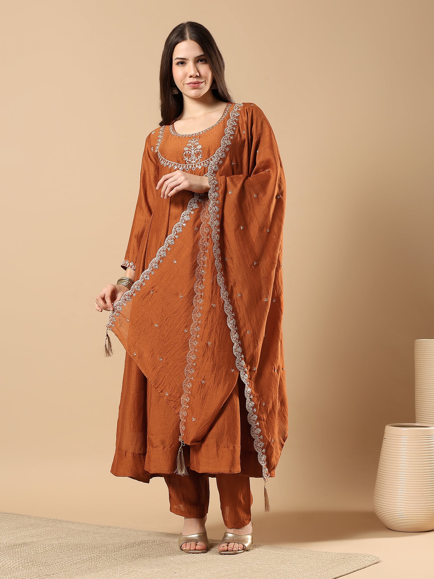 Women’s Embroidered Anarkali Kurta Set with Dupatta & Pants | Festive Ethnic Wear by Rajkanika