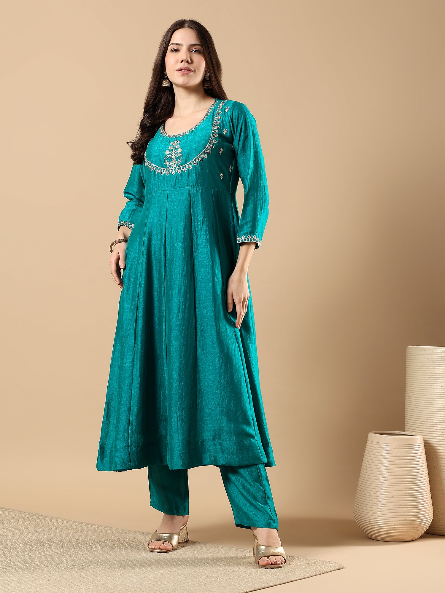Women’s Embroidered Anarkali Kurta Set with Dupatta & Pants | Festive Ethnic Wear by Rajkanika