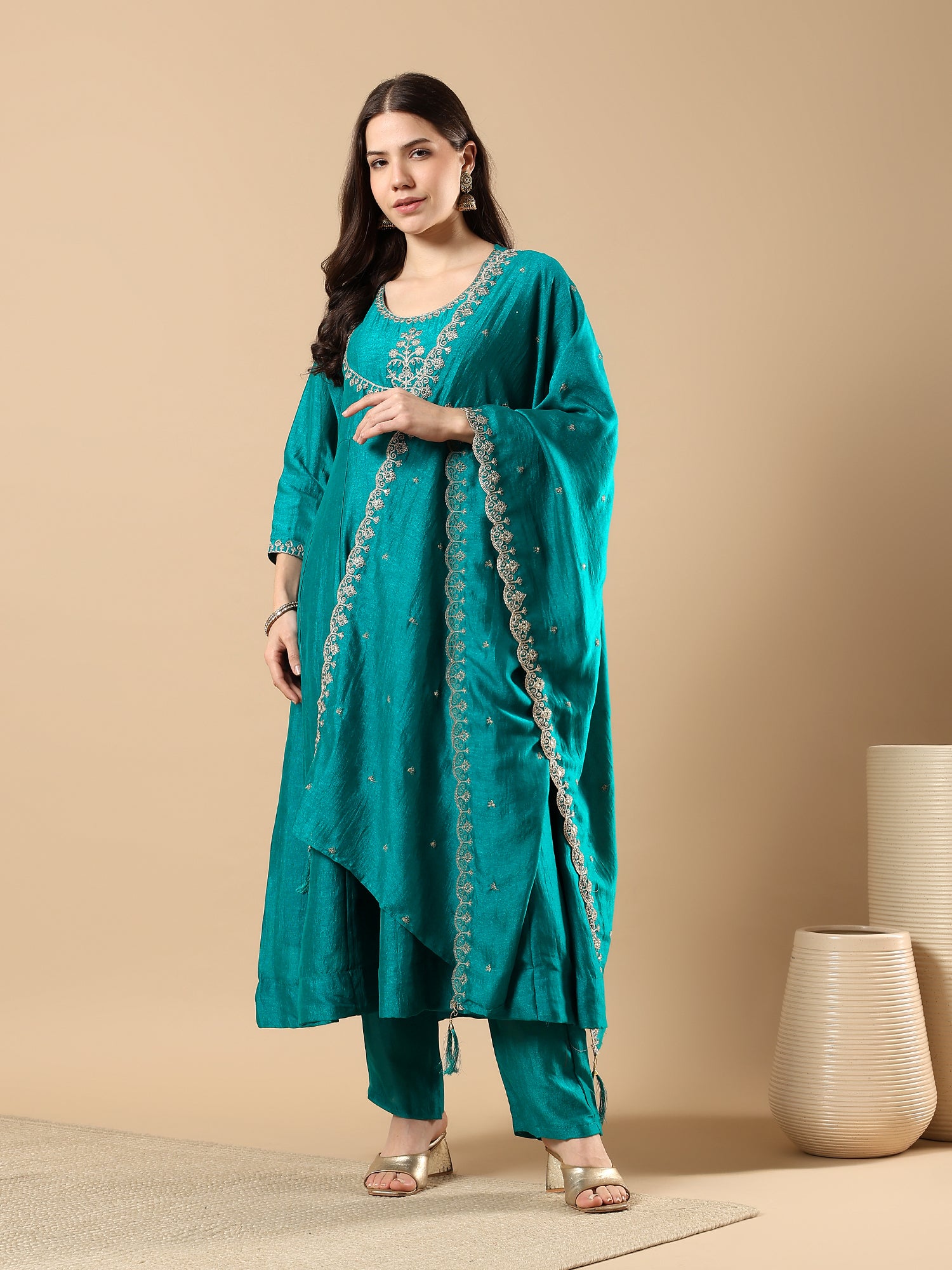 Women’s Embroidered Anarkali Kurta Set with Dupatta & Pants | Festive Ethnic Wear by Rajkanika