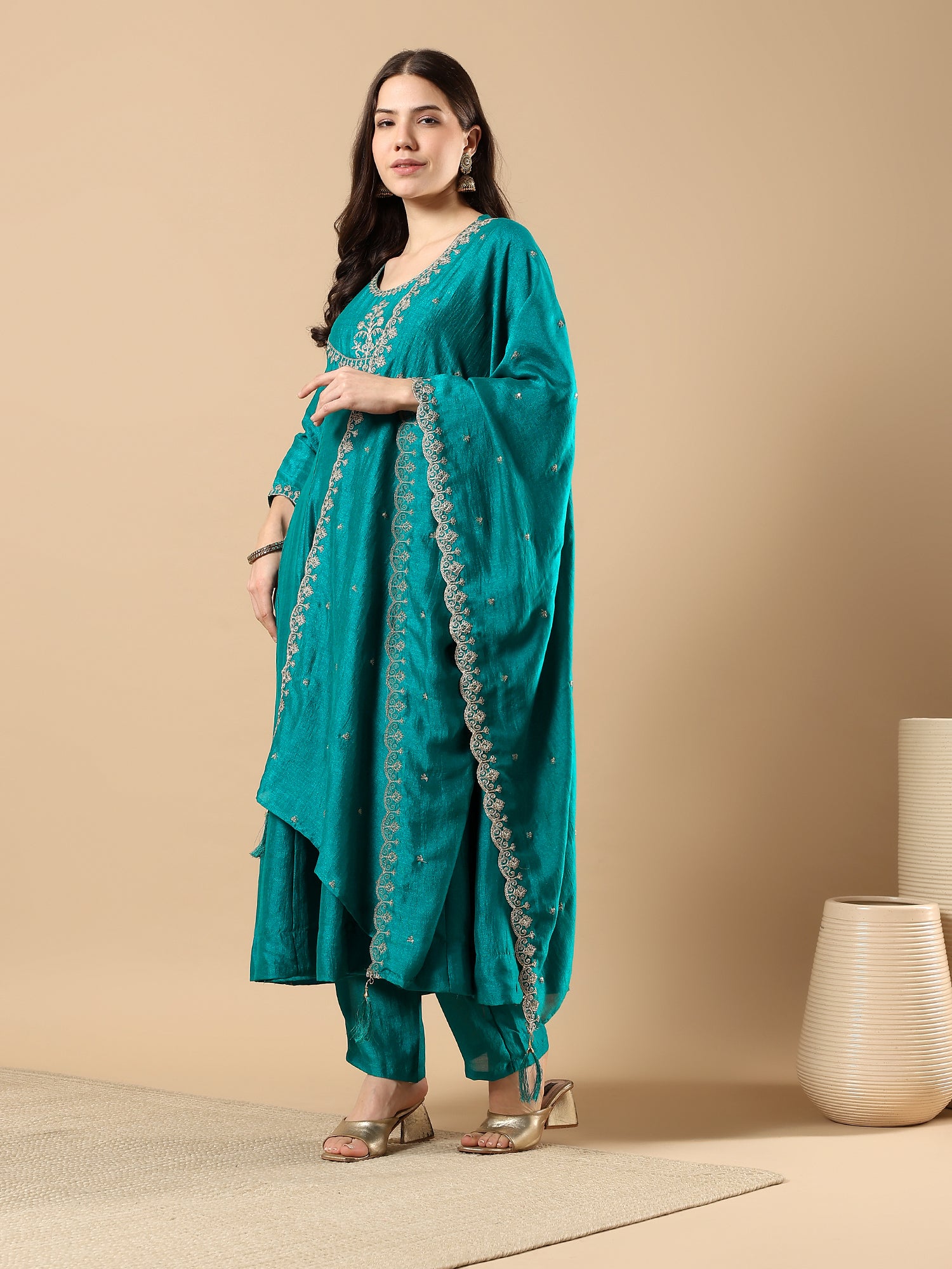 Women’s Embroidered Anarkali Kurta Set with Dupatta & Pants | Festive Ethnic Wear by Rajkanika