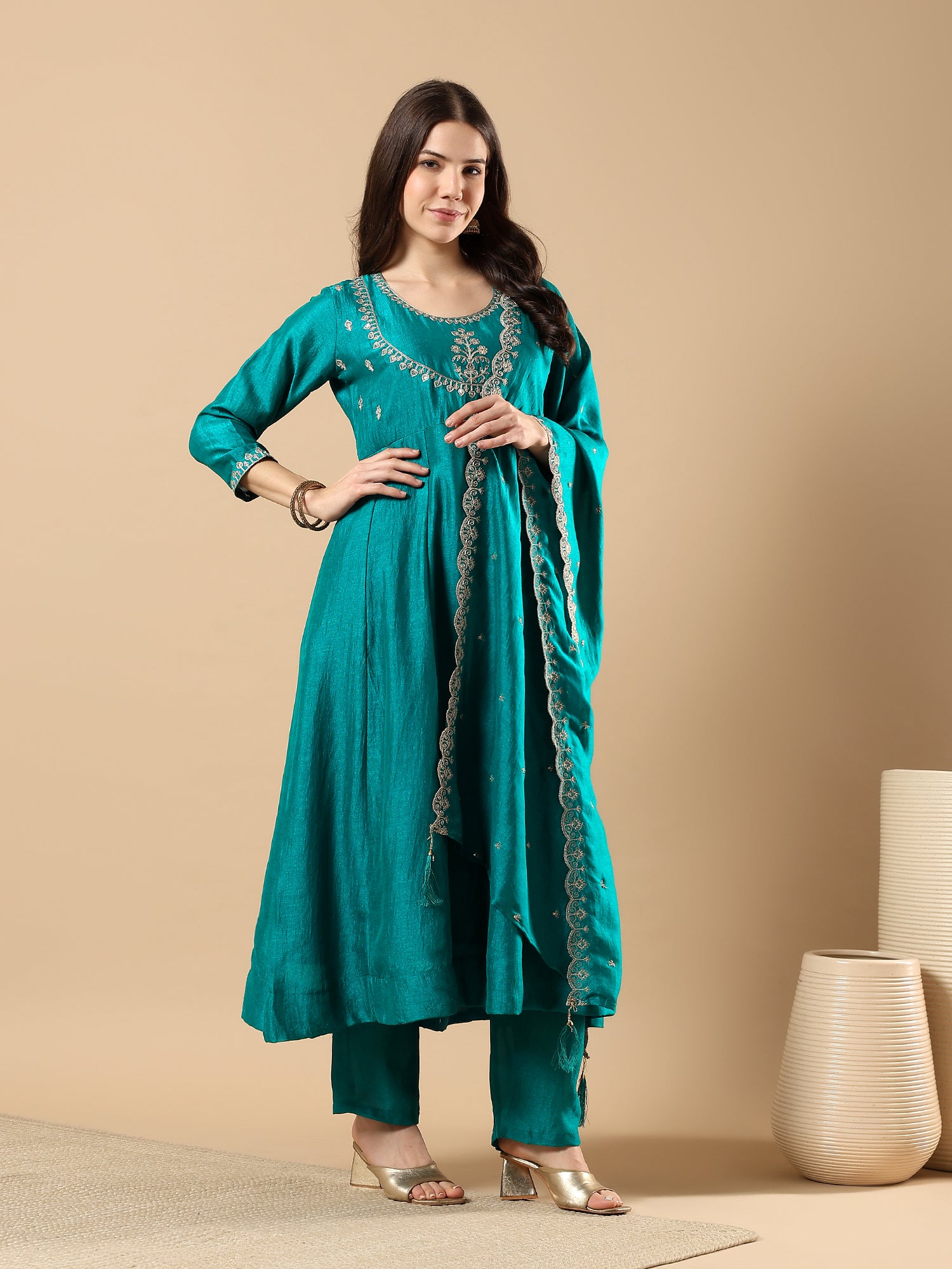 Women’s Embroidered Anarkali Kurta Set with Dupatta & Pants | Festive Ethnic Wear by Rajkanika