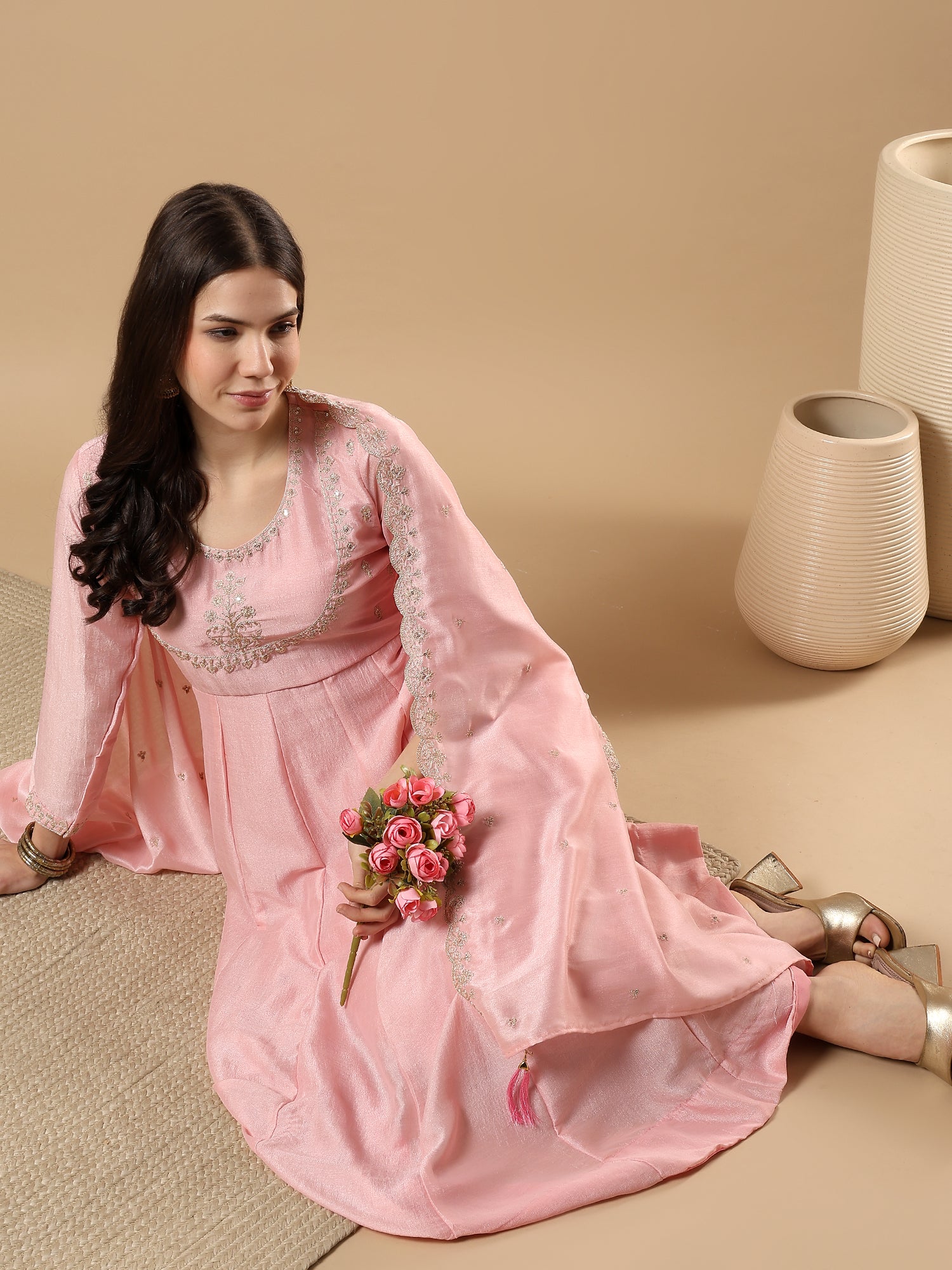 Women’s Embroidered Anarkali Kurta Set with Dupatta & Pants | Festive Ethnic Wear by Rajkanika