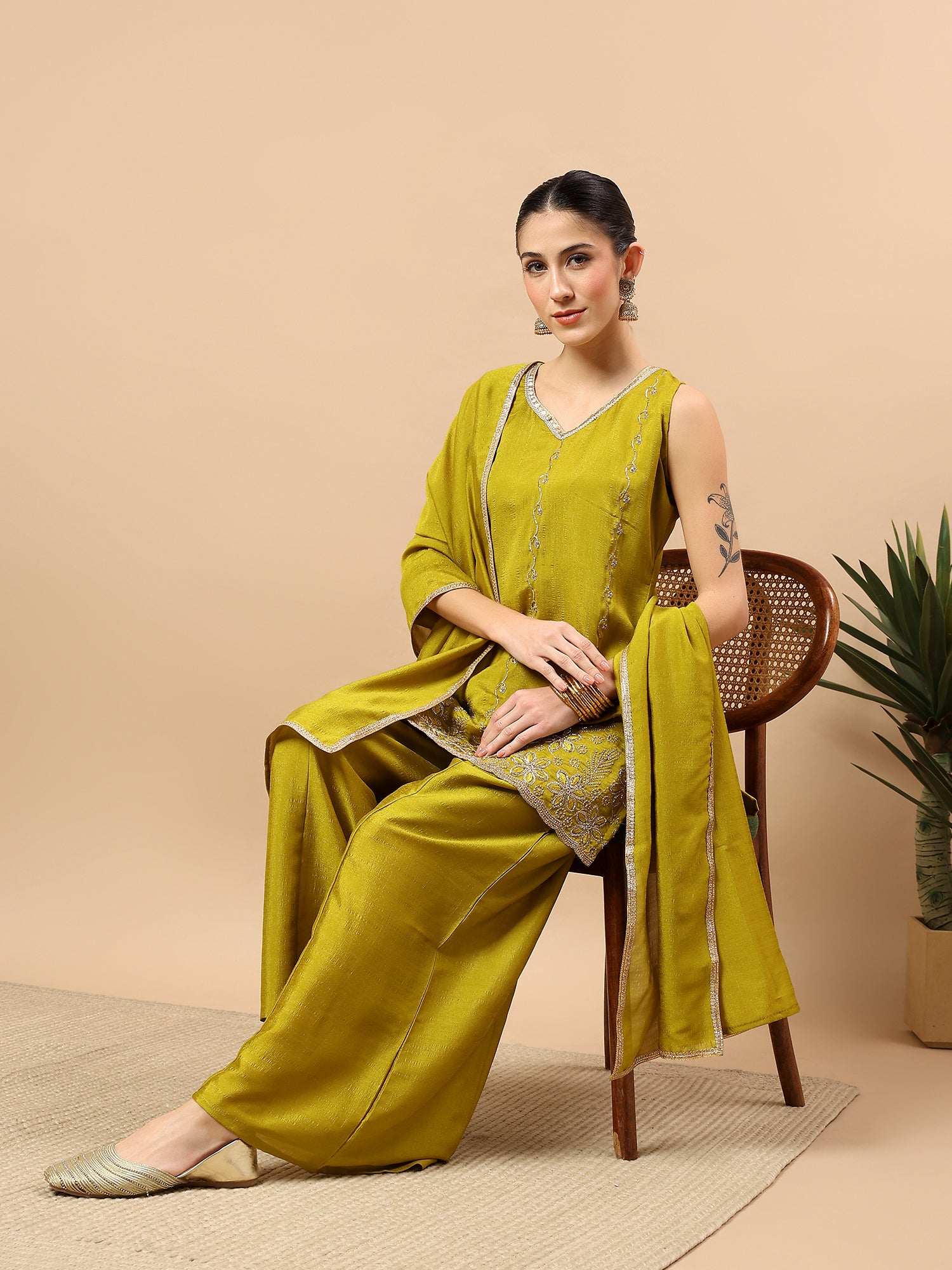 Women’s Embroidered Kurta Set with Palazzo & Dupatta | Festive Ethnic Wear by Rajkanika
