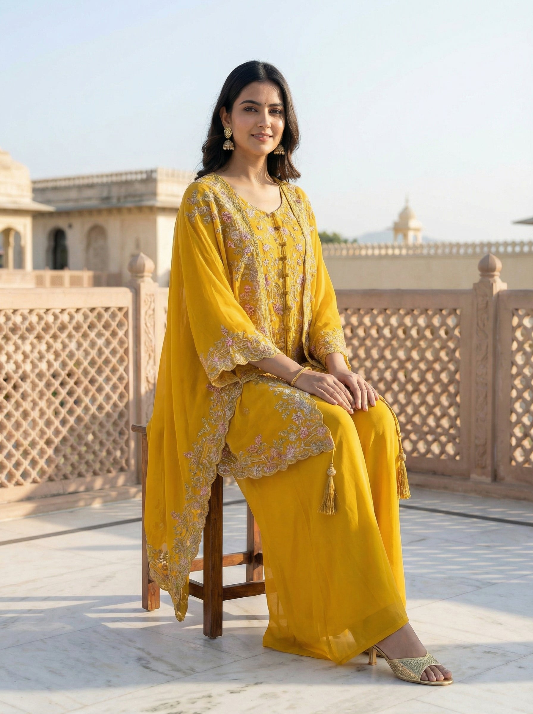 Women’s Designer Kurta Palazzo Set with Embroidered Dupatta | Festive & Wedding Wear Ethnic Set – Rajkanika