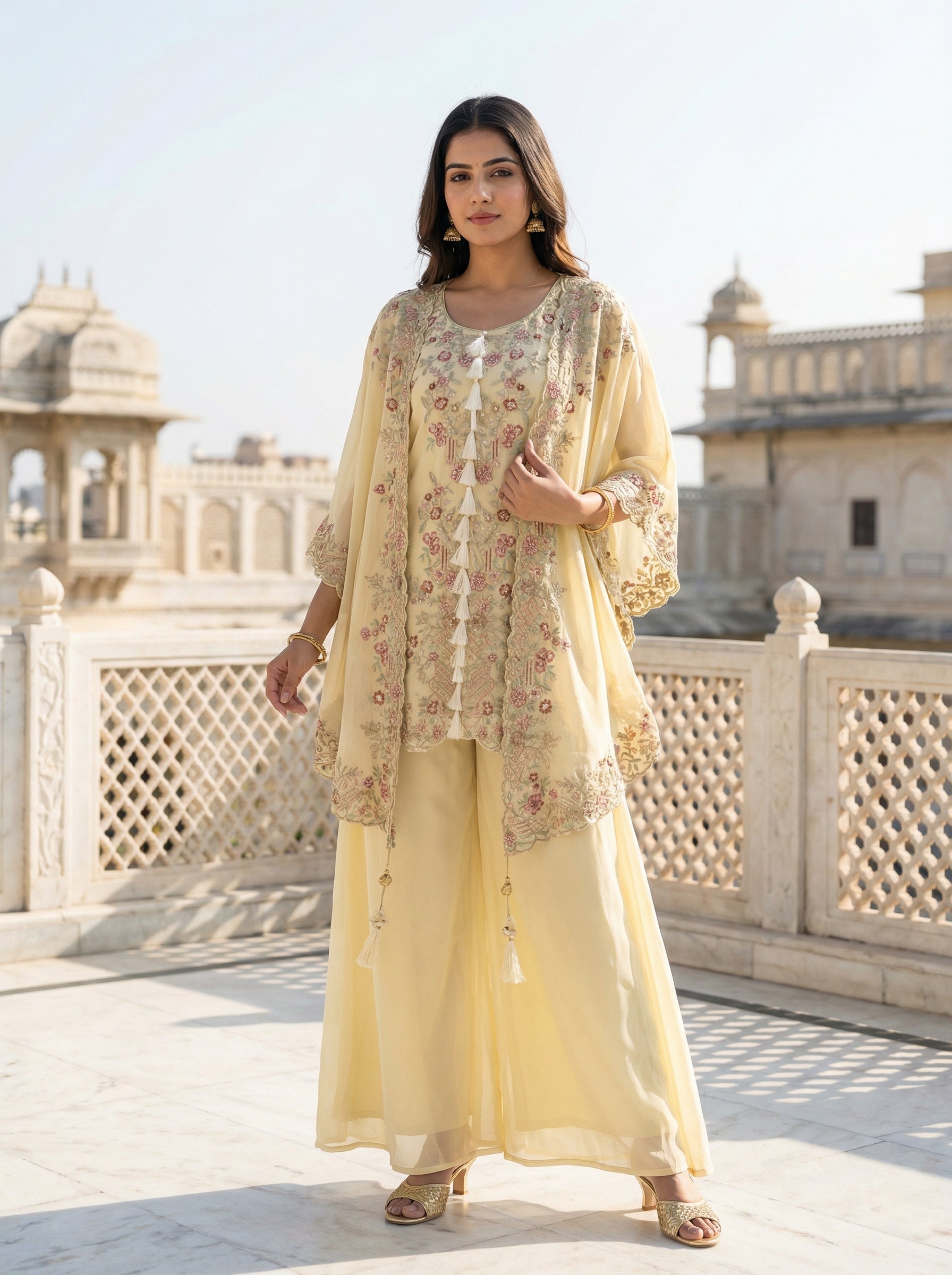 Women’s Designer Kurta Palazzo Set with Embroidered Dupatta | Festive & Wedding Wear Ethnic Set – Rajkanika