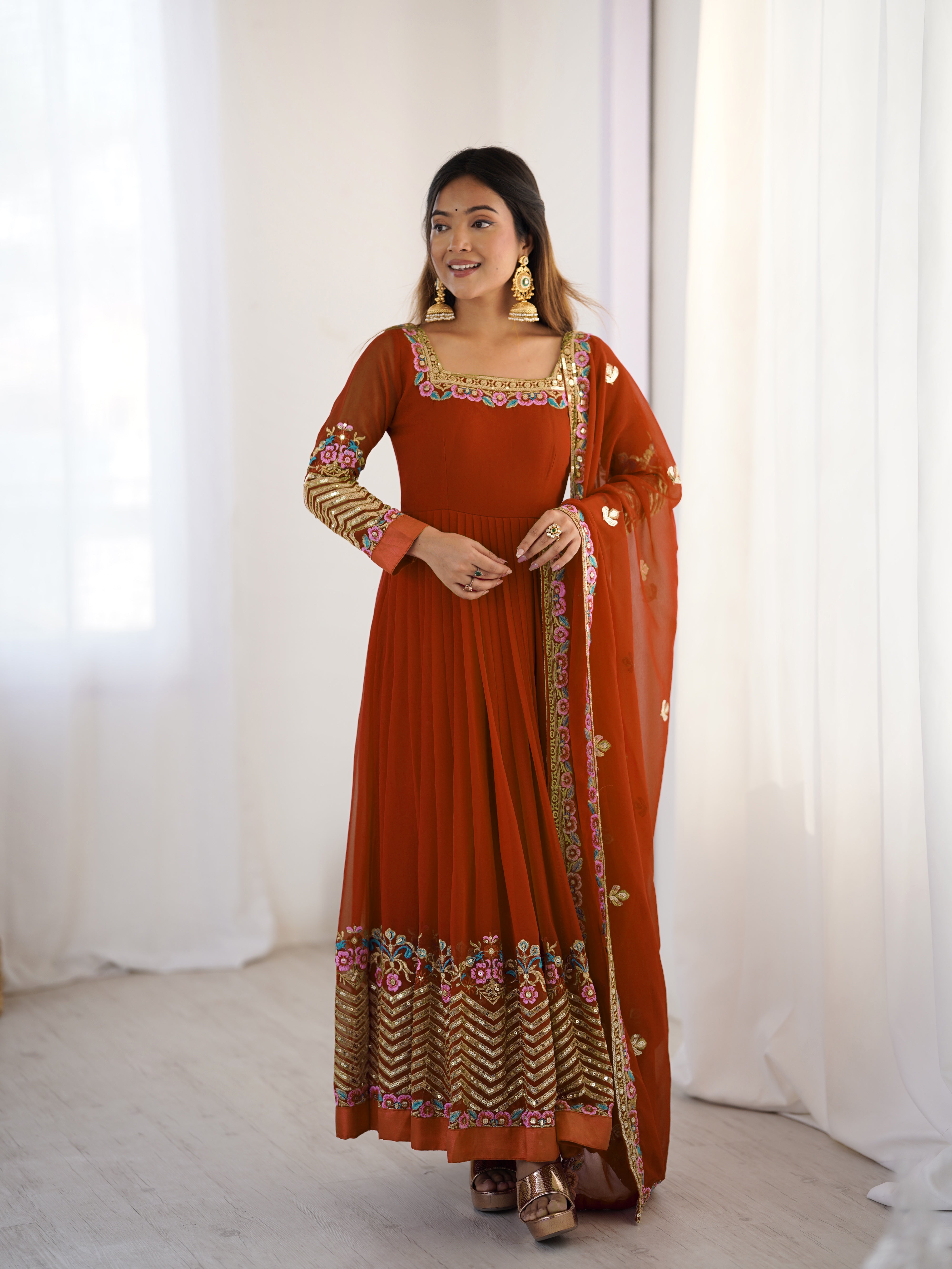 Women’s Floral Embroidered Anarkali Gown Set with Dupatta | Festive & Wedding Wear by Rajkanika