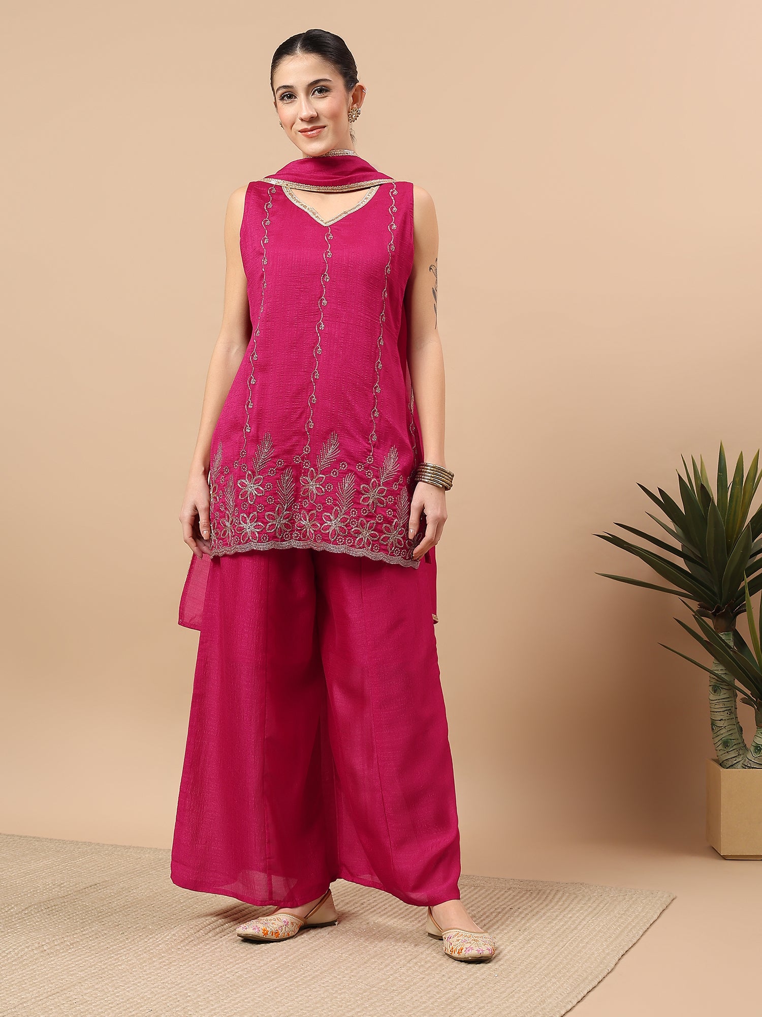 Women’s Embroidered Kurta Set with Palazzo & Dupatta | Festive Ethnic Wear by Rajkanika