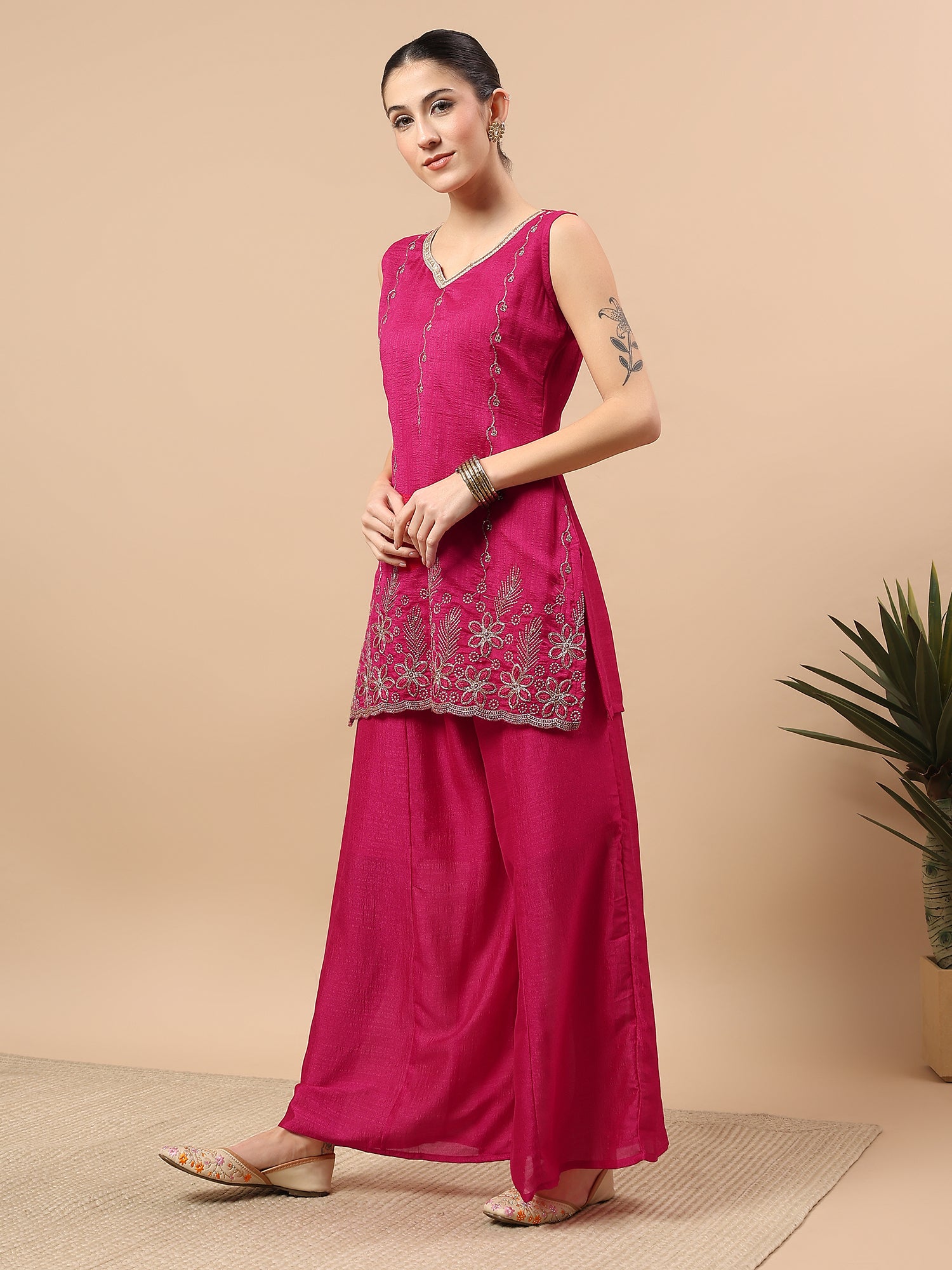 Women’s Embroidered Kurta Set with Palazzo & Dupatta | Festive Ethnic Wear by Rajkanika
