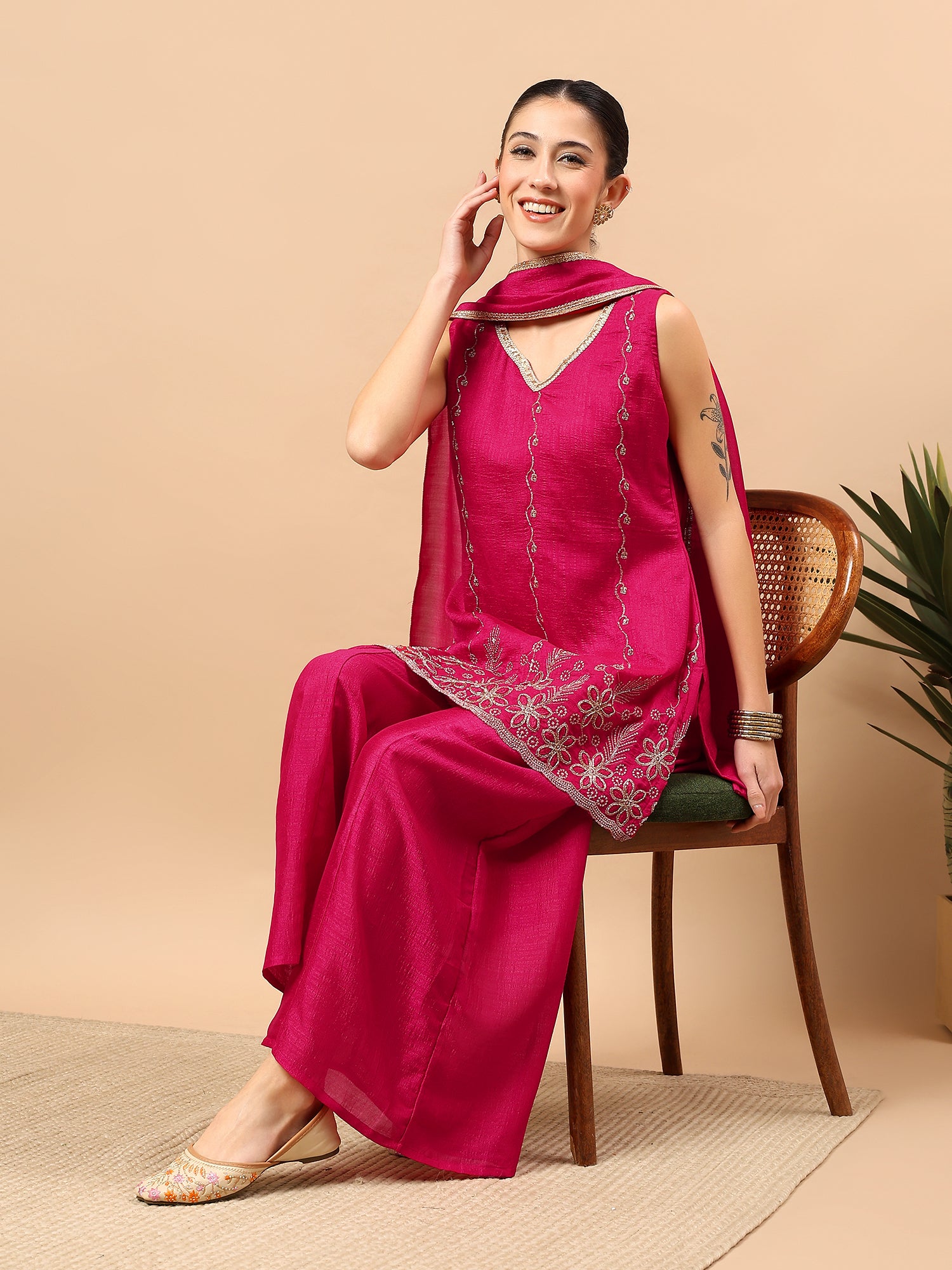 Women’s Embroidered Kurta Set with Palazzo & Dupatta | Festive Ethnic Wear by Rajkanika