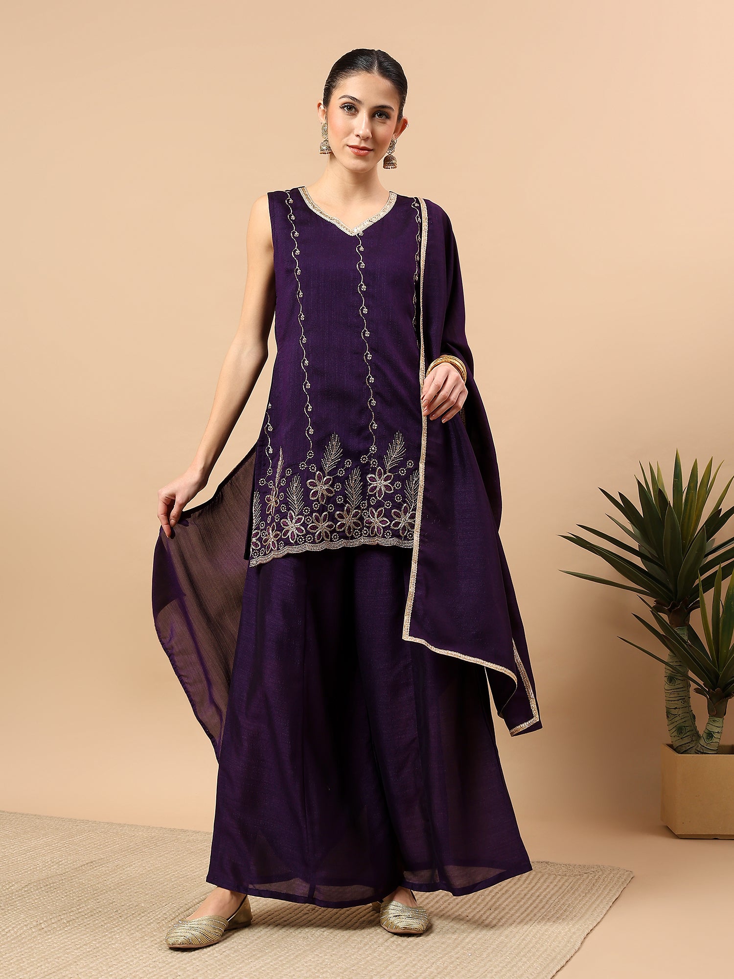 Women’s Embroidered Kurta Set with Palazzo & Dupatta | Festive Ethnic Wear by Rajkanika