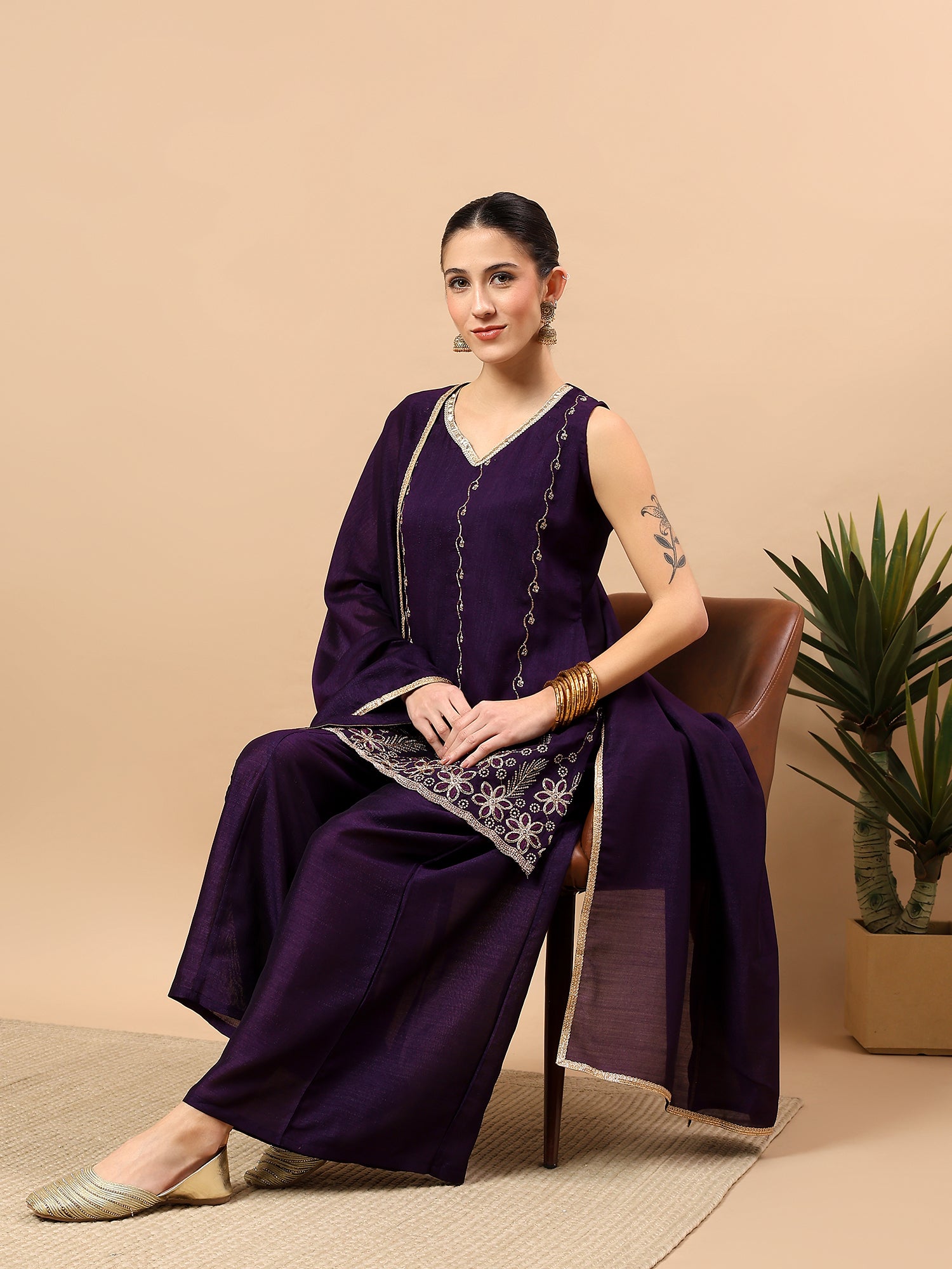 Women’s Embroidered Kurta Set with Palazzo & Dupatta | Festive Ethnic Wear by Rajkanika