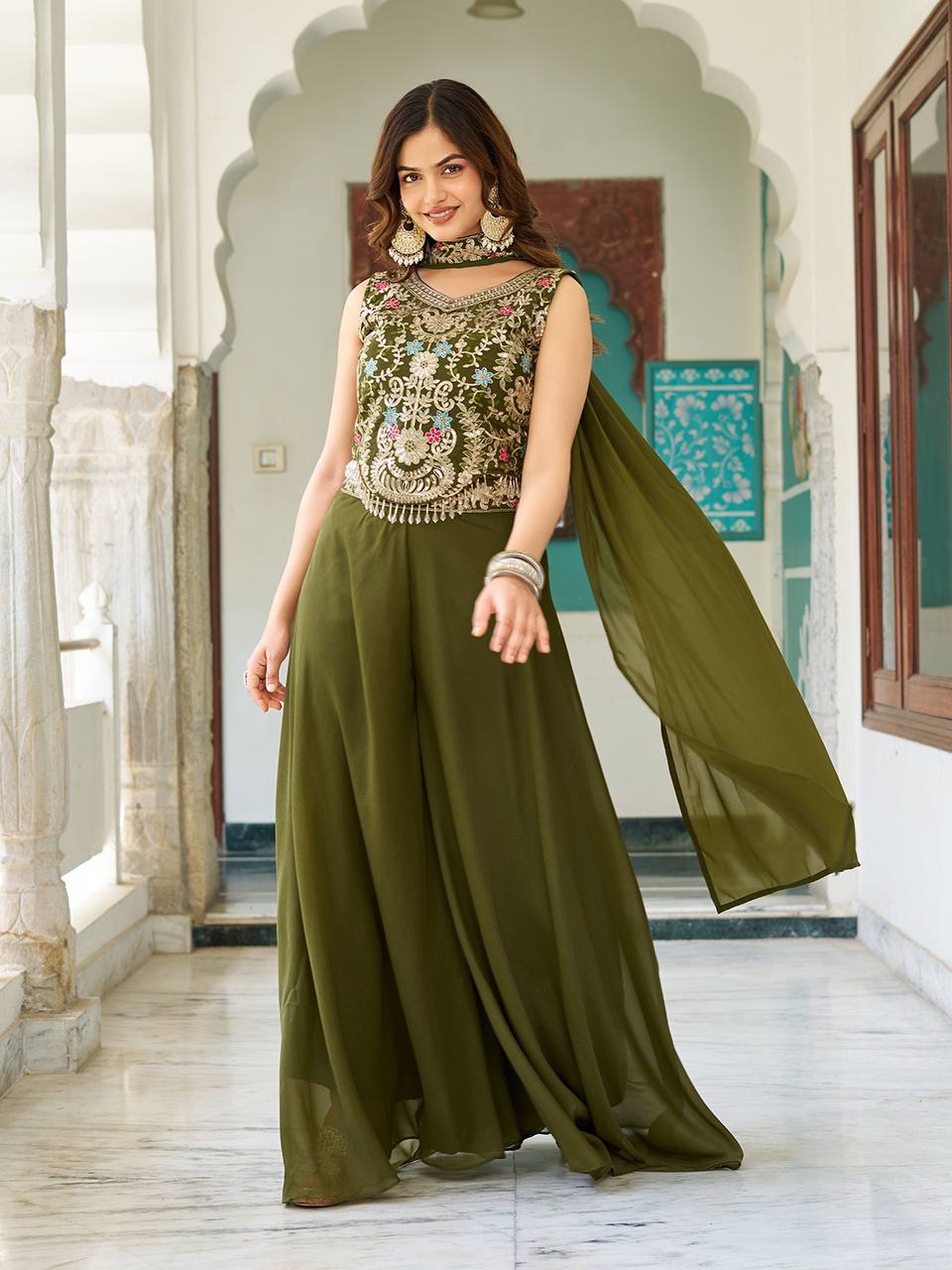 Women’s Embroidered Crop Top Palazzo Set with Dupatta | Festive & Wedding Ethnic Wear by Rajkanika