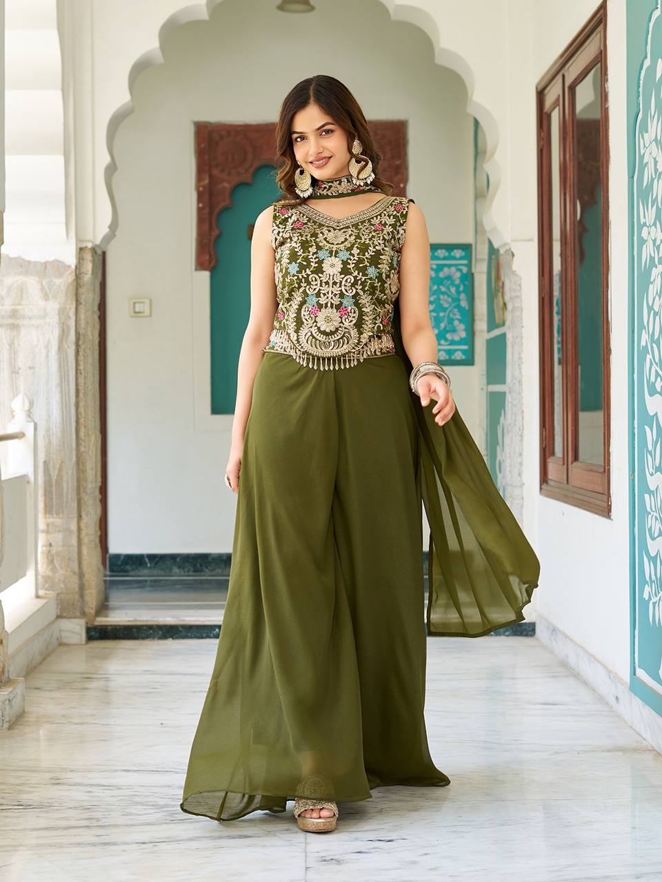 Women’s Embroidered Crop Top Palazzo Set with Dupatta | Festive & Wedding Ethnic Wear by Rajkanika
