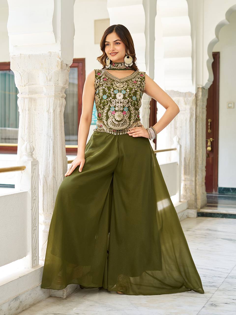 Women’s Embroidered Crop Top Palazzo Set with Dupatta | Festive & Wedding Ethnic Wear by Rajkanika