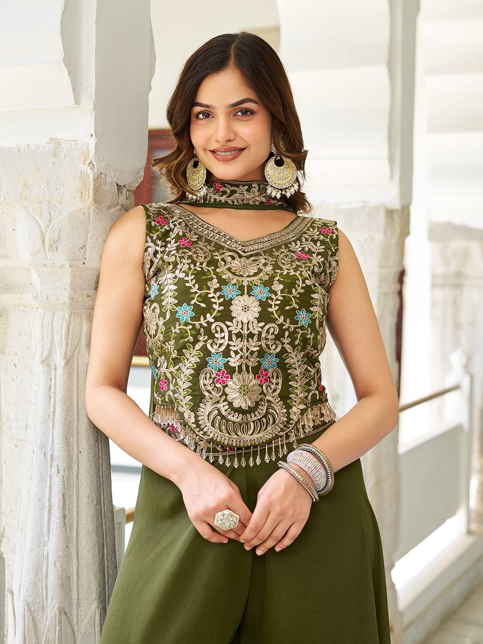 Women’s Embroidered Crop Top Palazzo Set with Dupatta | Festive & Wedding Ethnic Wear by Rajkanika