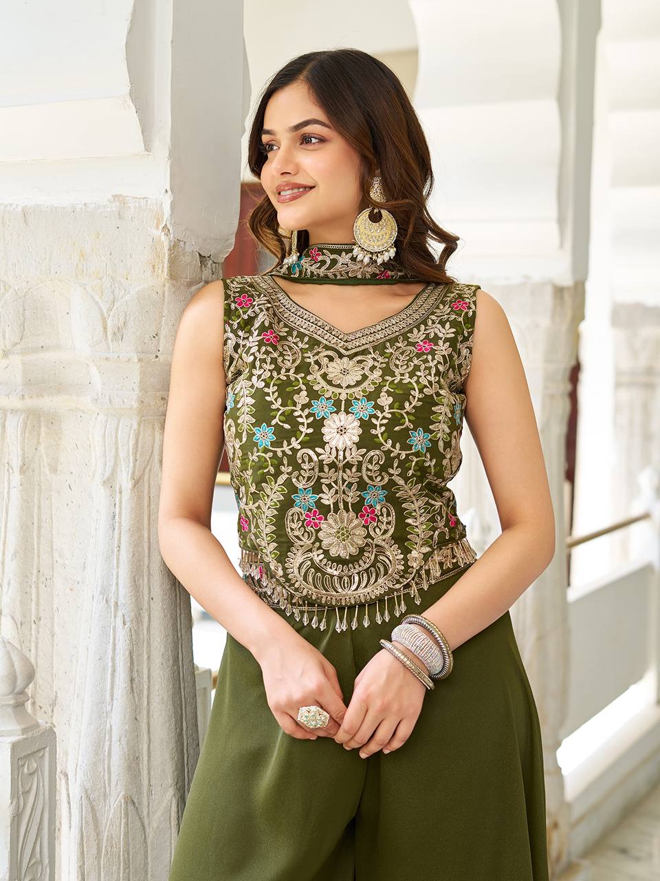 Women’s Embroidered Crop Top Palazzo Set with Dupatta | Festive & Wedding Ethnic Wear by Rajkanika