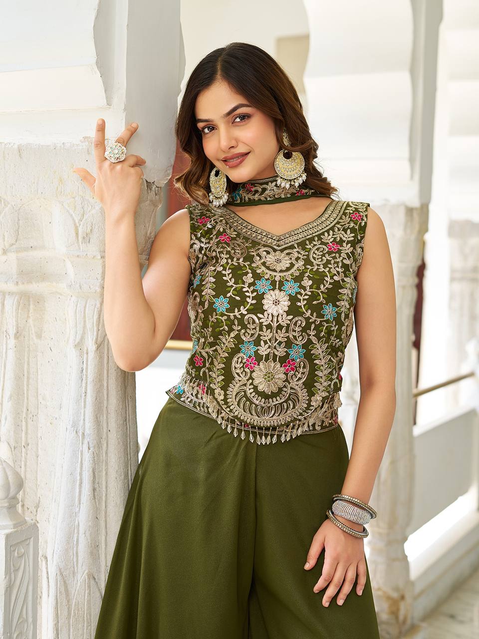 Women’s Embroidered Crop Top Palazzo Set with Dupatta | Festive & Wedding Ethnic Wear by Rajkanika