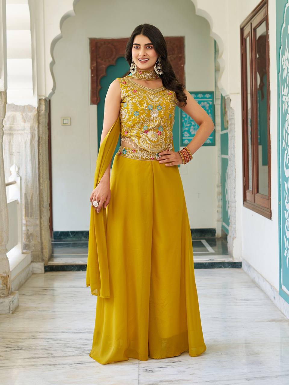 Women’s Embroidered Crop Top Palazzo Set with Dupatta | Festive & Wedding Ethnic Wear by Rajkanika
