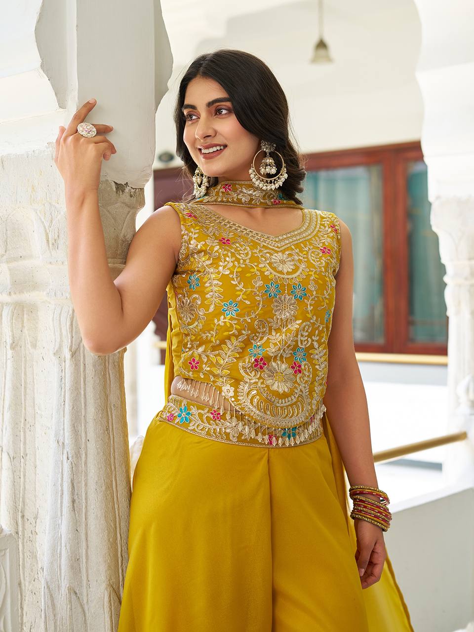 Women’s Embroidered Crop Top Palazzo Set with Dupatta | Festive & Wedding Ethnic Wear by Rajkanika