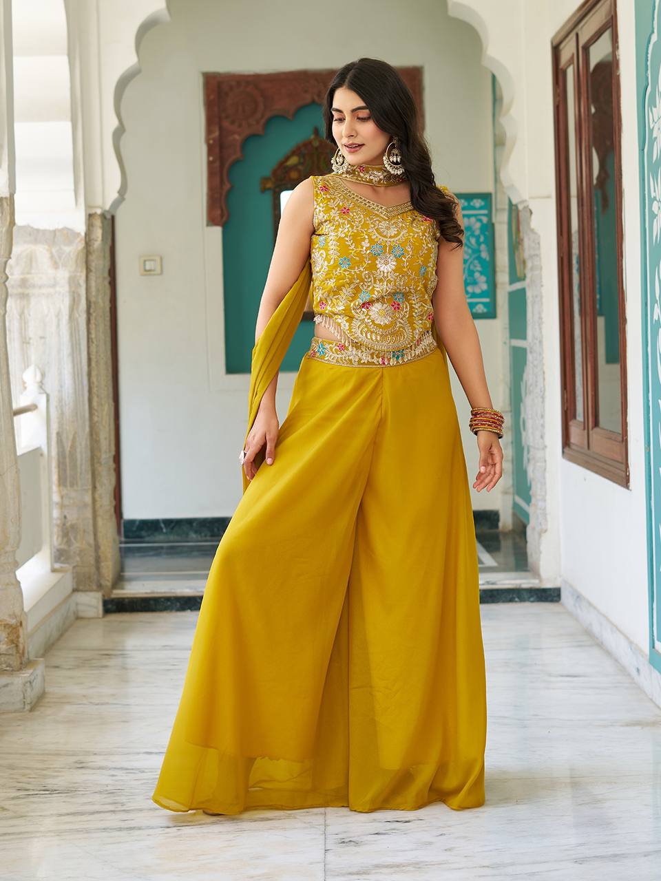 Women’s Embroidered Crop Top Palazzo Set with Dupatta | Festive & Wedding Ethnic Wear by Rajkanika