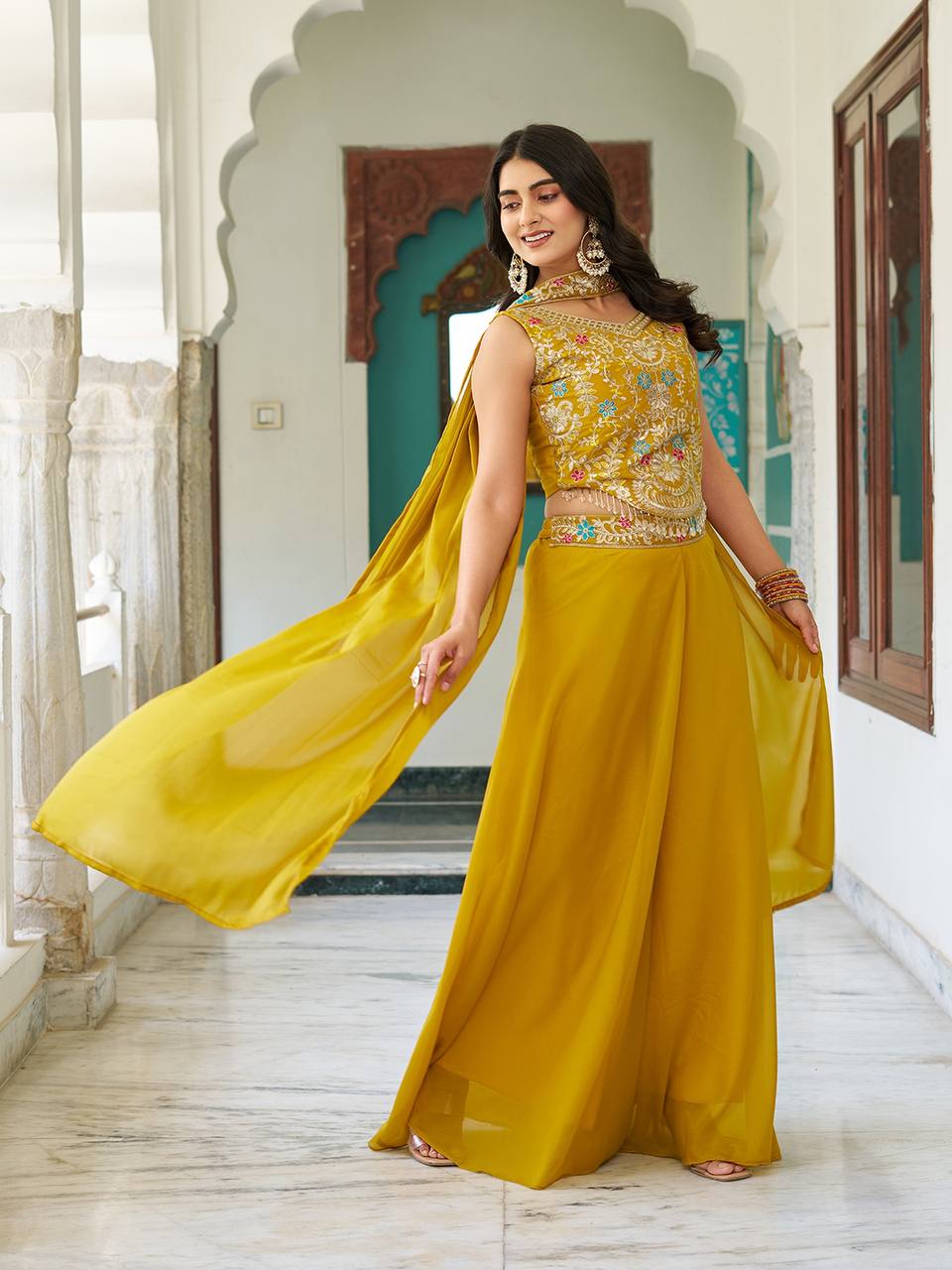 Women’s Embroidered Crop Top Palazzo Set with Dupatta | Festive & Wedding Ethnic Wear by Rajkanika