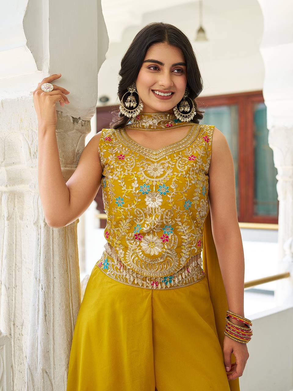 Women’s Embroidered Crop Top Palazzo Set with Dupatta | Festive & Wedding Ethnic Wear by Rajkanika