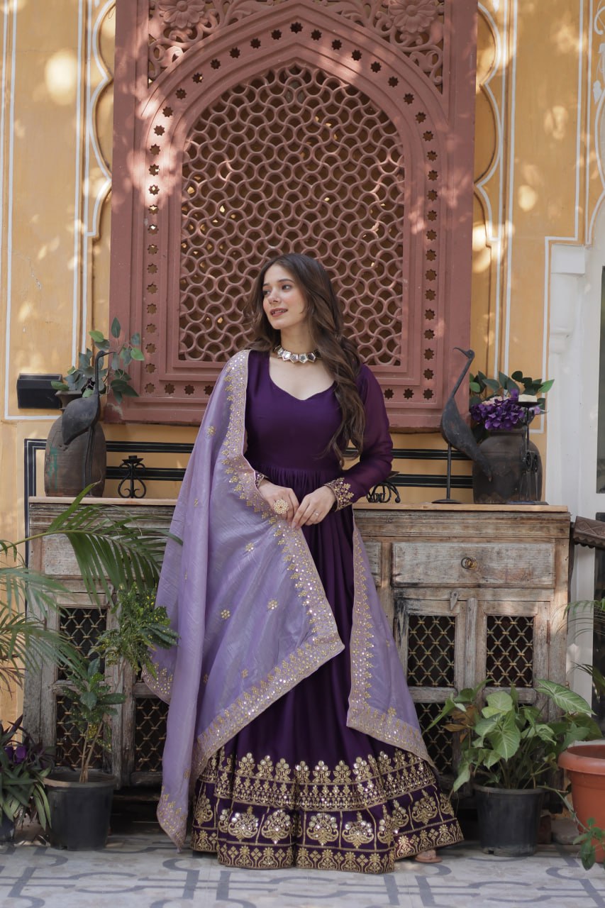 Women’s Purple Embroidered Anarkali Gown with Dupatta | Festive & Wedding Wear by Rajkanika