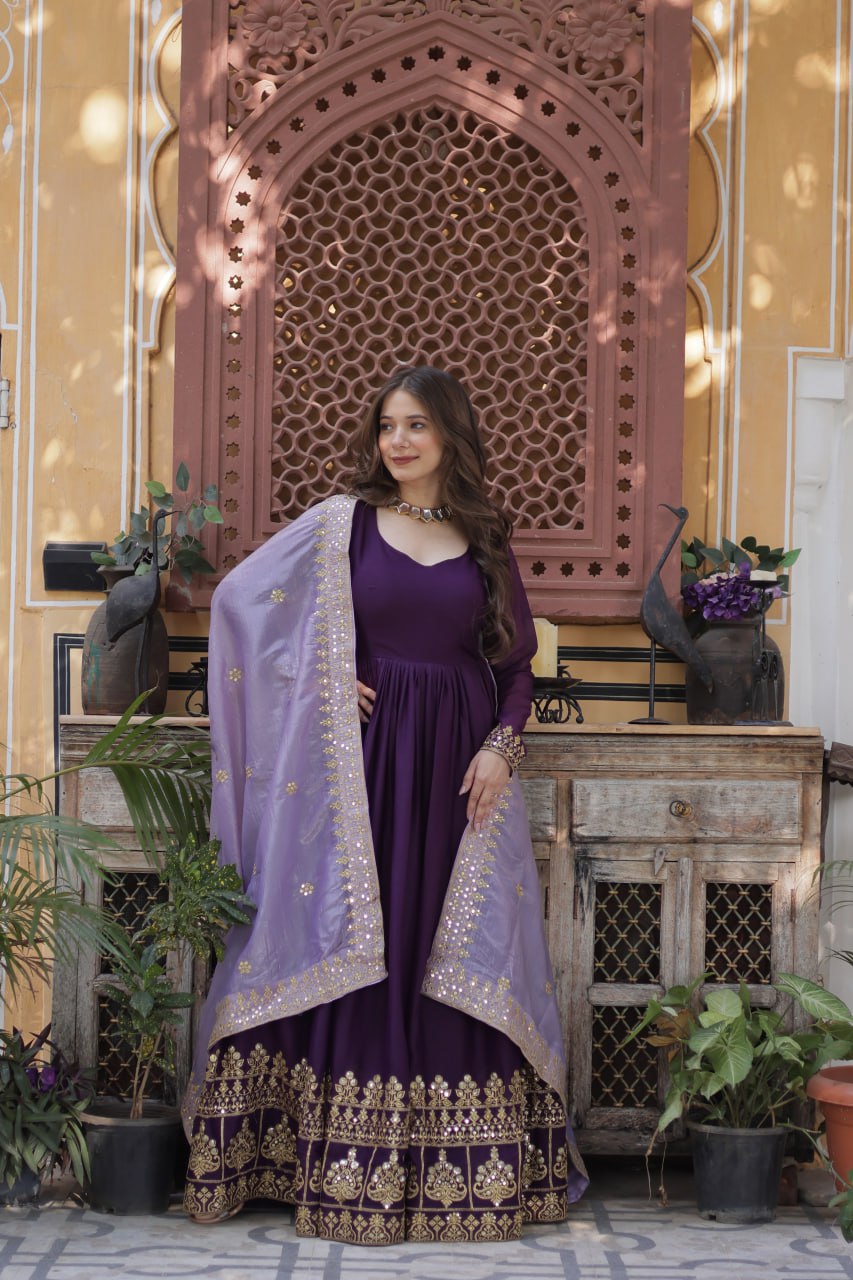 Women’s Purple Embroidered Anarkali Gown with Dupatta | Festive & Wedding Wear by Rajkanika