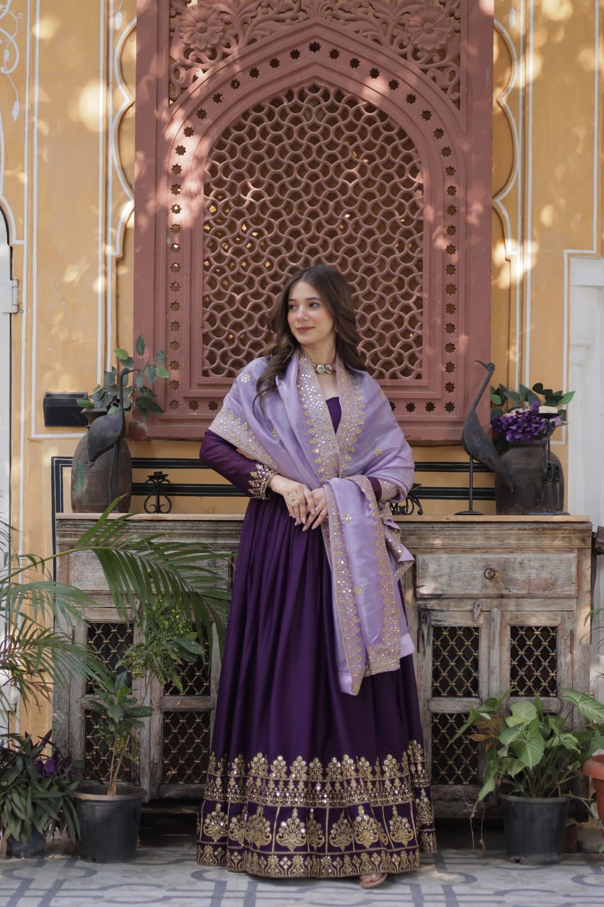 Women’s Purple Embroidered Anarkali Gown with Dupatta | Festive & Wedding Wear by Rajkanika