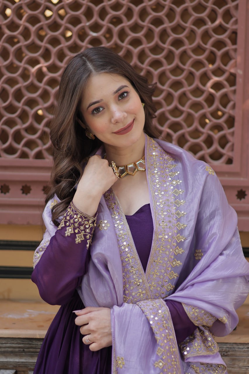 Women’s Purple Embroidered Anarkali Gown with Dupatta | Festive & Wedding Wear by Rajkanika