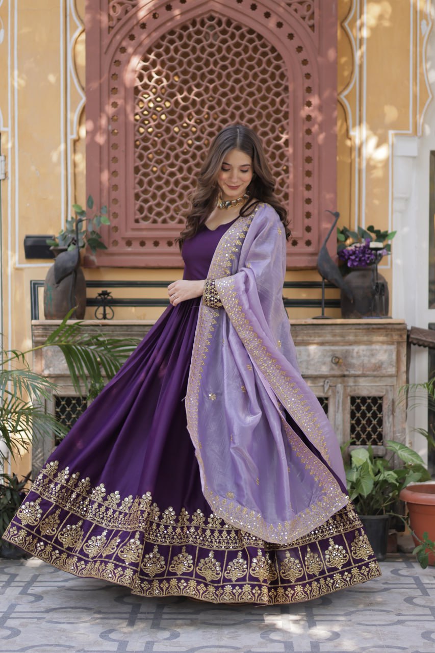 Women’s Purple Embroidered Anarkali Gown with Dupatta | Festive & Wedding Wear by Rajkanika