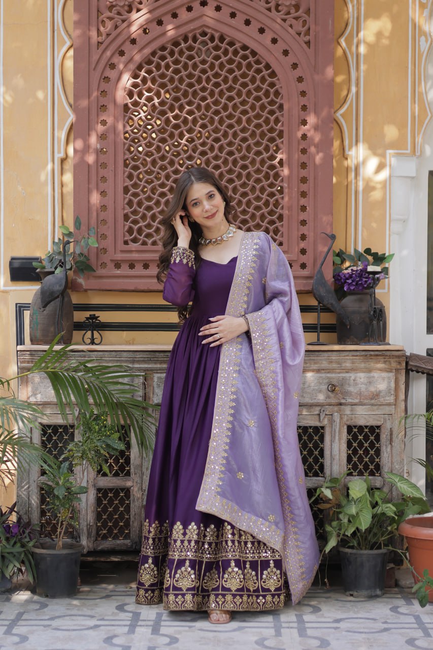 Women’s Purple Embroidered Anarkali Gown with Dupatta | Festive & Wedding Wear by Rajkanika