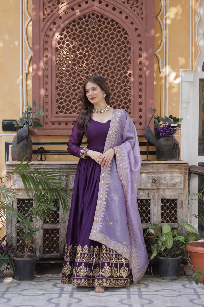 Women’s Purple Embroidered Anarkali Gown with Dupatta | Festive & Wedding Wear by Rajkanika
