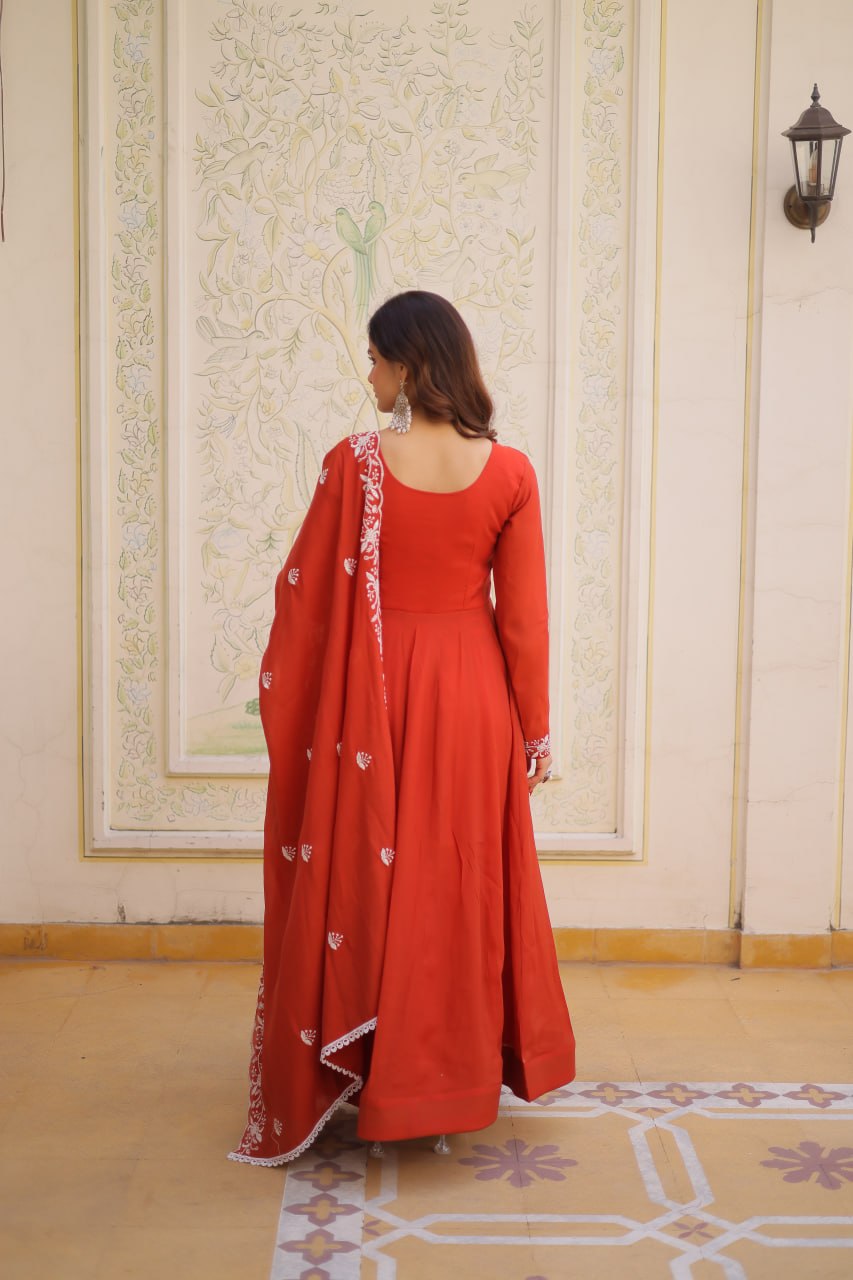 Women’s Red Embroidered Anarkali Gown with Dupatta | Festive & Wedding Ethnic Wear by Rajkanika