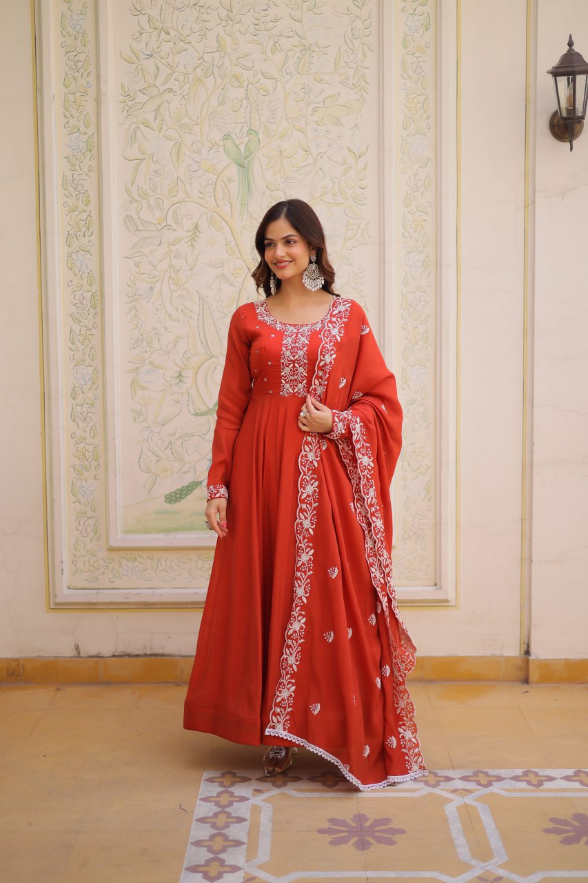 Women’s Red Embroidered Anarkali Gown with Dupatta | Festive & Wedding Ethnic Wear by Rajkanika
