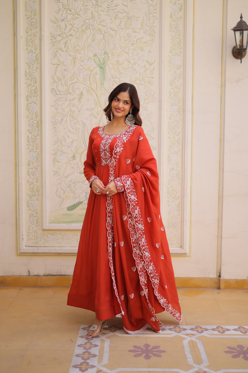Women’s Red Embroidered Anarkali Gown with Dupatta | Festive & Wedding Ethnic Wear by Rajkanika