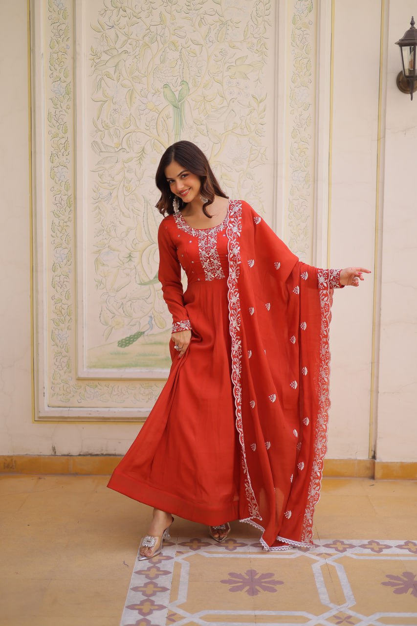 Women’s Red Embroidered Anarkali Gown with Dupatta | Festive & Wedding Ethnic Wear by Rajkanika