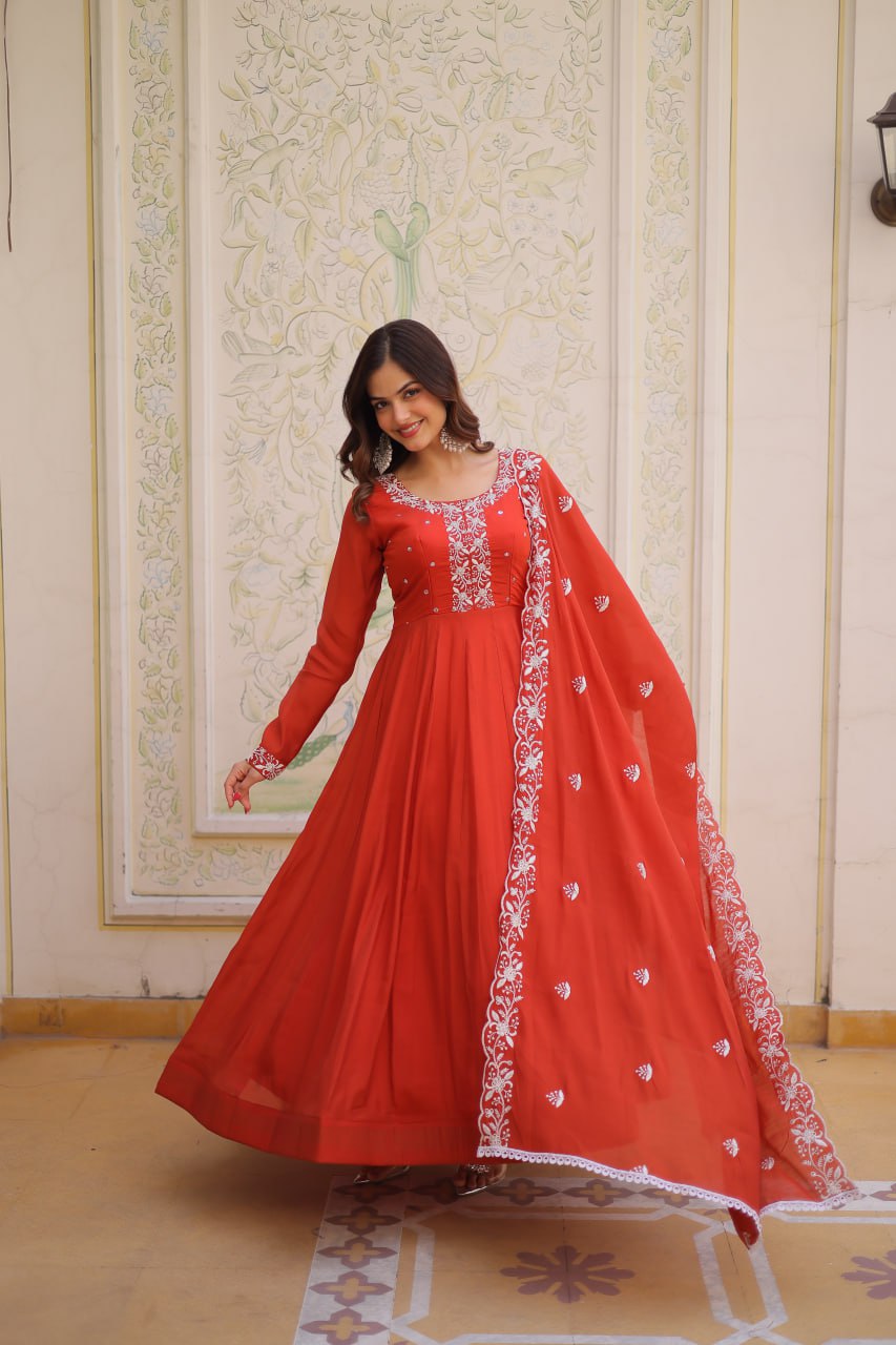 Women’s Red Embroidered Anarkali Gown with Dupatta | Festive & Wedding Ethnic Wear by Rajkanika