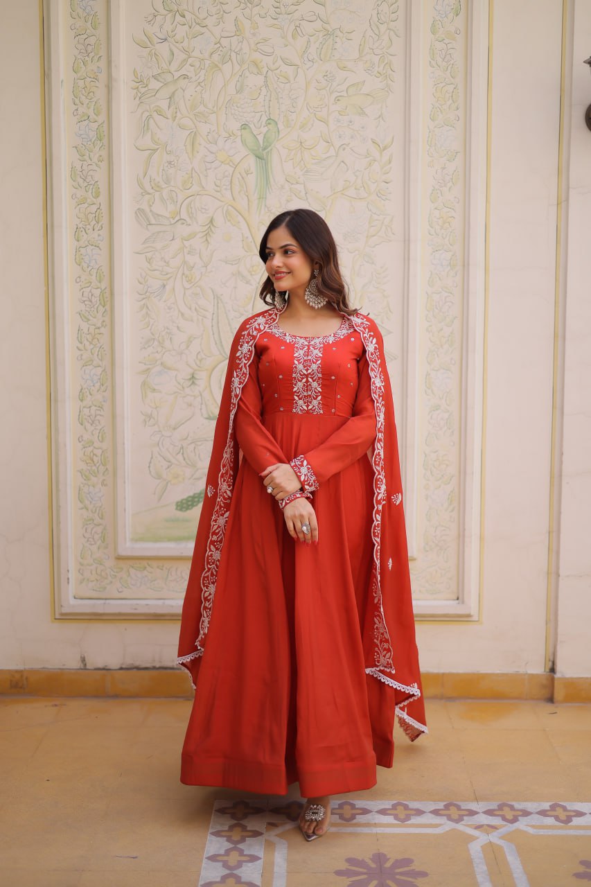 Women’s Red Embroidered Anarkali Gown with Dupatta | Festive & Wedding Ethnic Wear by Rajkanika