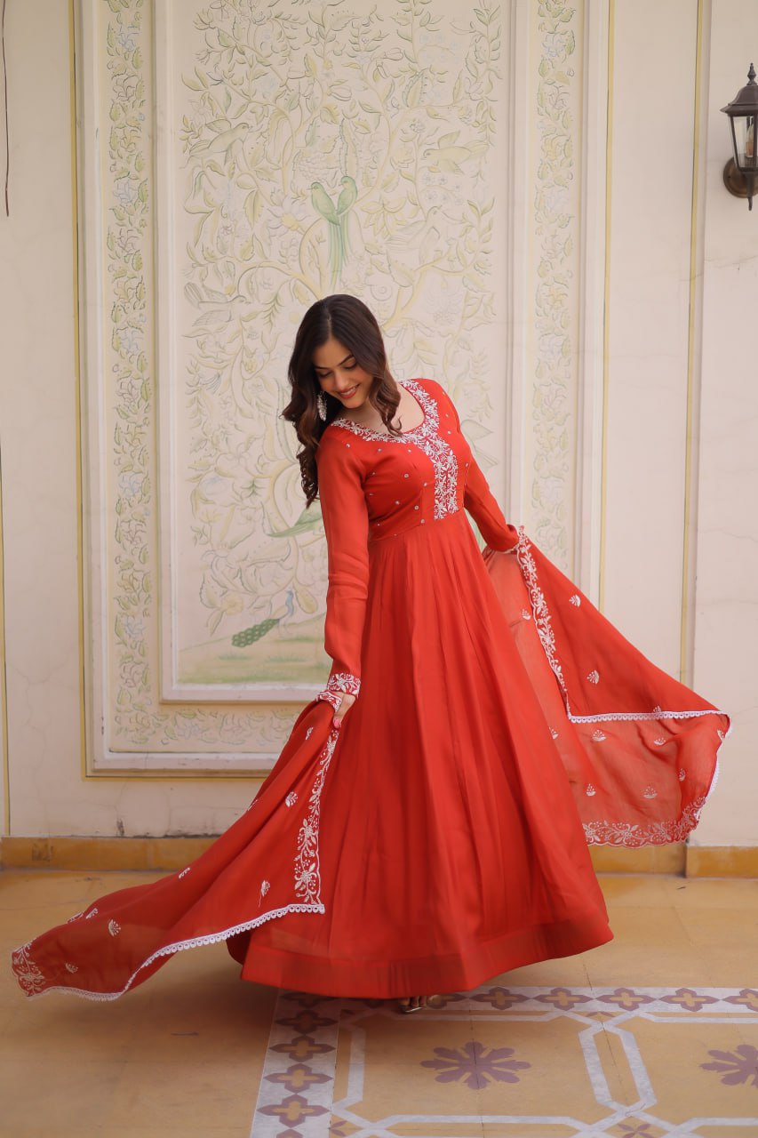 Women’s Red Embroidered Anarkali Gown with Dupatta | Festive & Wedding Ethnic Wear by Rajkanika