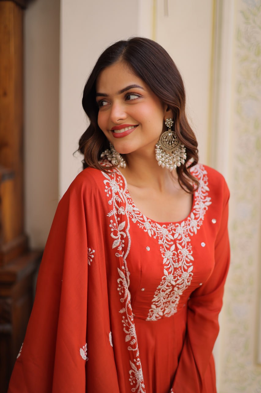 Women’s Red Embroidered Anarkali Gown with Dupatta | Festive & Wedding Ethnic Wear by Rajkanika