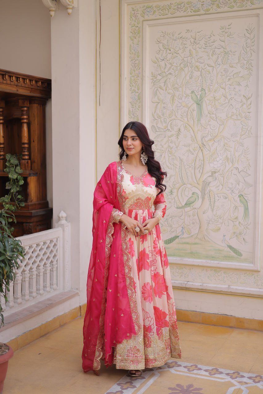Women’s Floral Printed & Embroidered Anarkali Gown with Dupatta | Festive Wear by Rajkanika