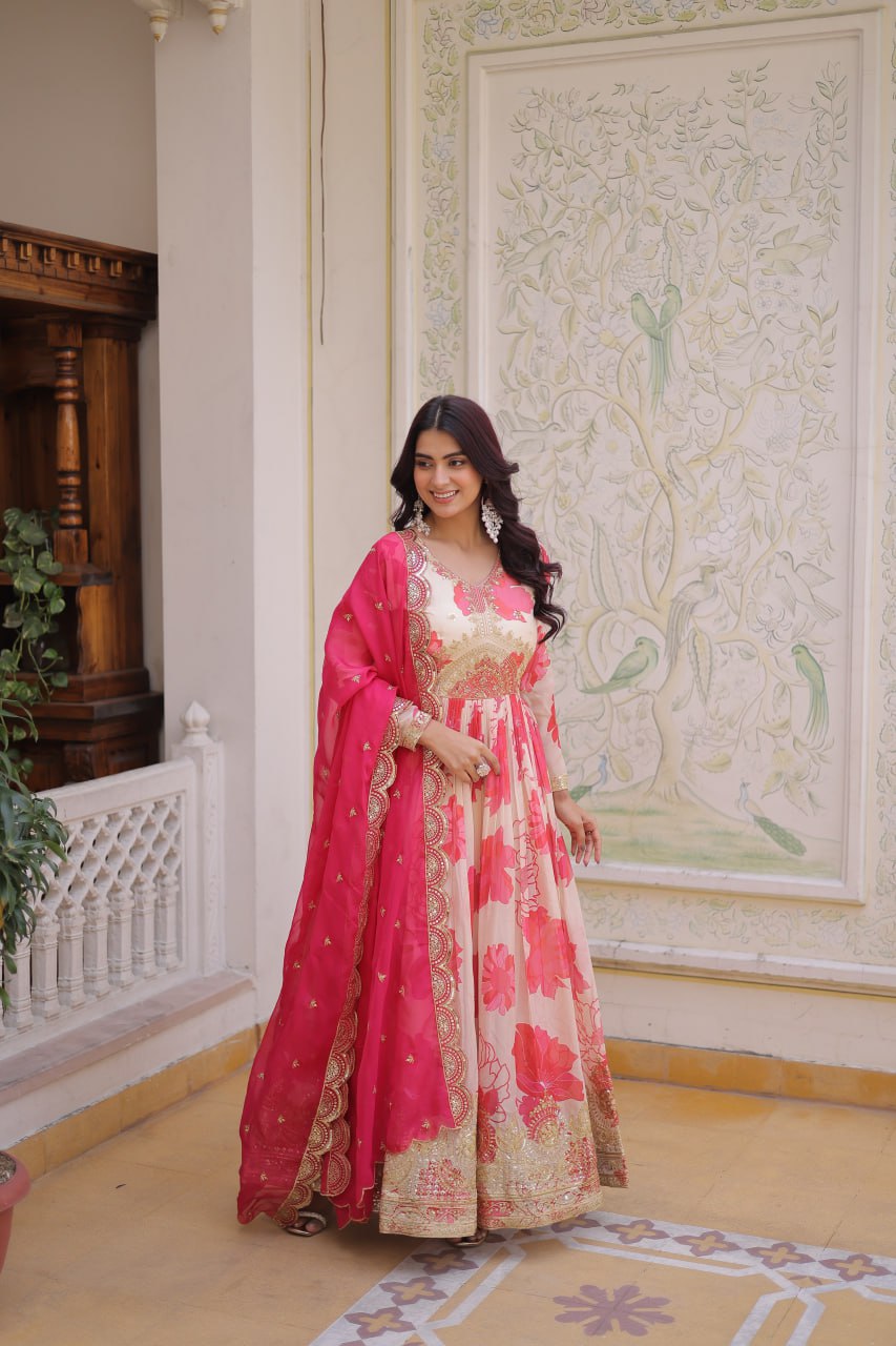 Women’s Floral Printed & Embroidered Anarkali Gown with Dupatta | Festive Wear by Rajkanika