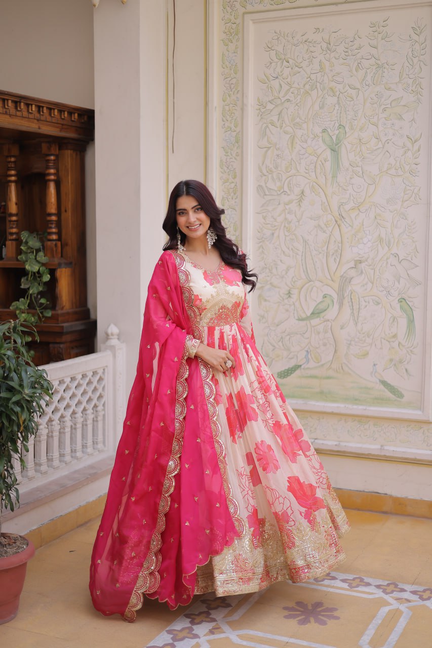Women’s Floral Printed & Embroidered Anarkali Gown with Dupatta | Festive Wear by Rajkanika