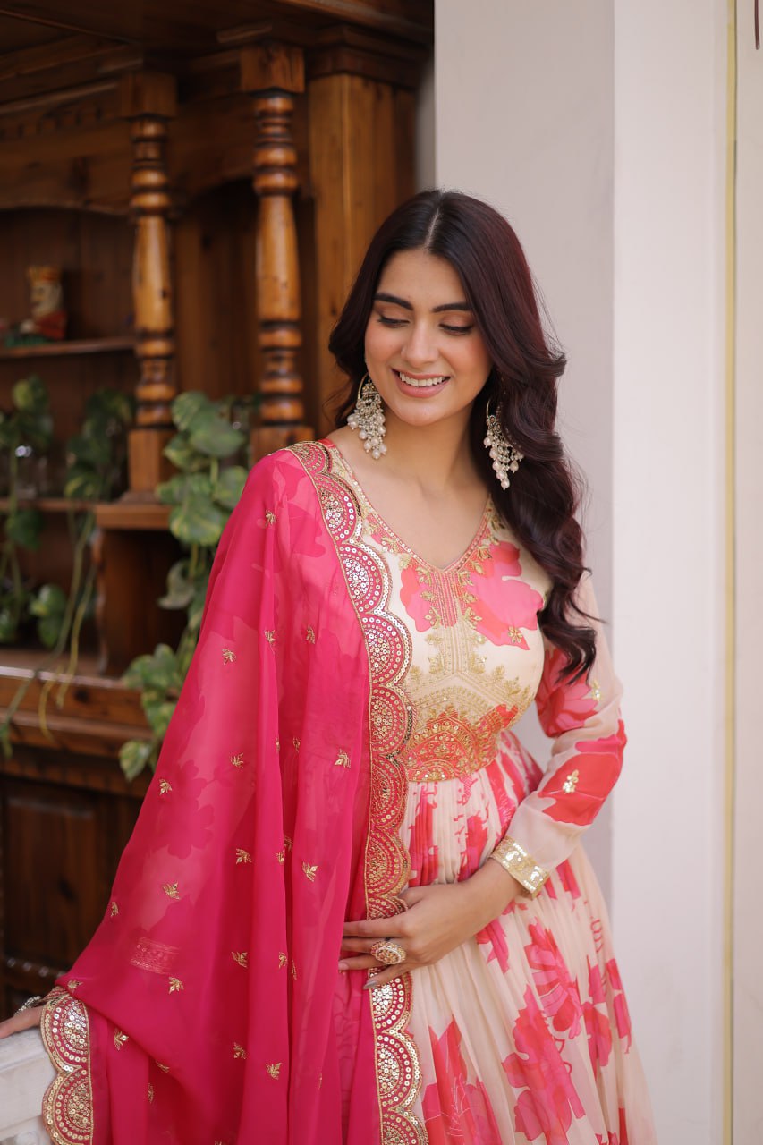 Women’s Floral Printed & Embroidered Anarkali Gown with Dupatta | Festive Wear by Rajkanika