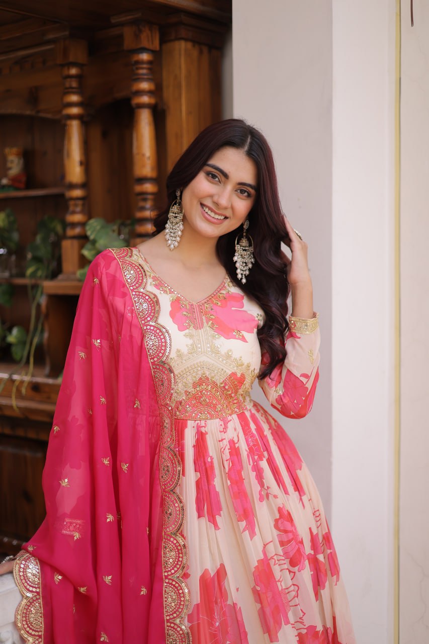 Women’s Floral Printed & Embroidered Anarkali Gown with Dupatta | Festive Wear by Rajkanika
