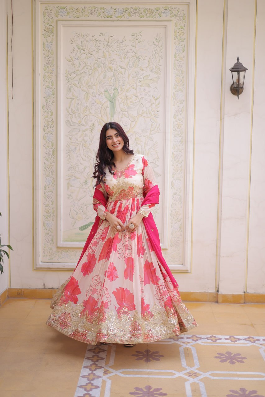Women’s Floral Printed & Embroidered Anarkali Gown with Dupatta | Festive Wear by Rajkanika