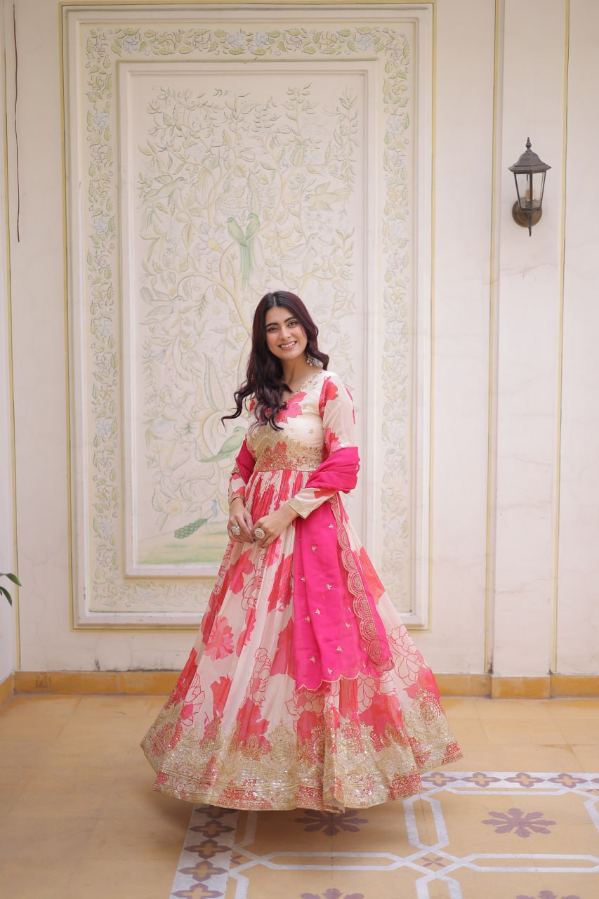 Women’s Floral Printed & Embroidered Anarkali Gown with Dupatta | Festive Wear by Rajkanika