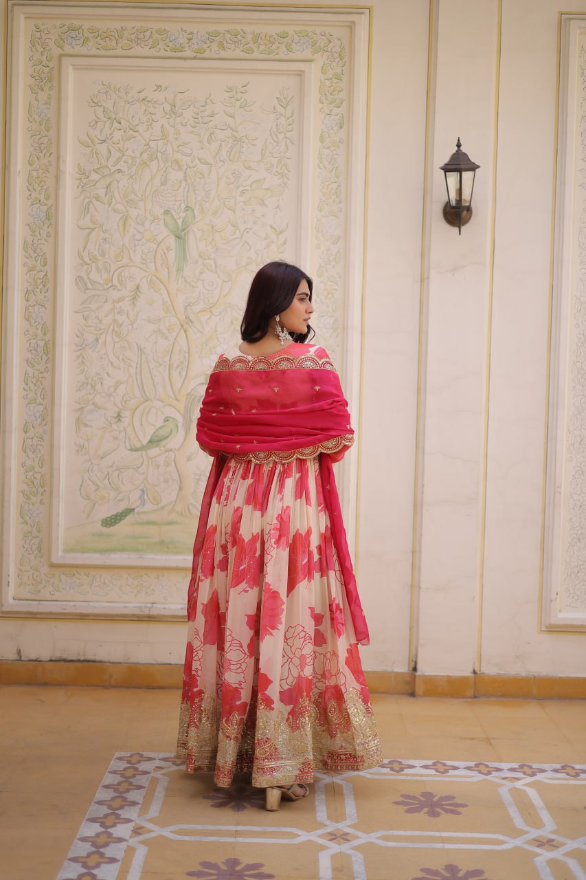 Women’s Floral Printed & Embroidered Anarkali Gown with Dupatta | Festive Wear by Rajkanika